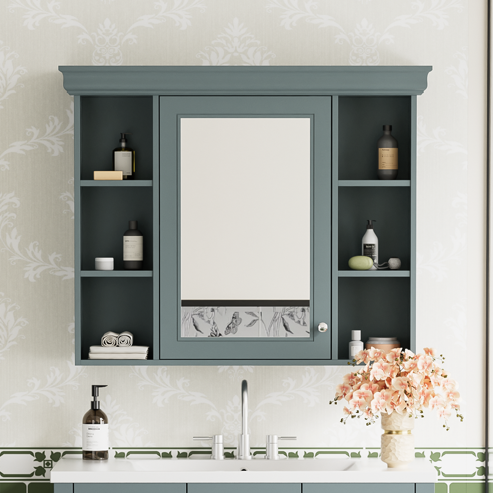 35 ''x 28' 'blue wall mounted bathroom storage cabinet with mirror door and medication cabinet with 6 open shelves eprolo