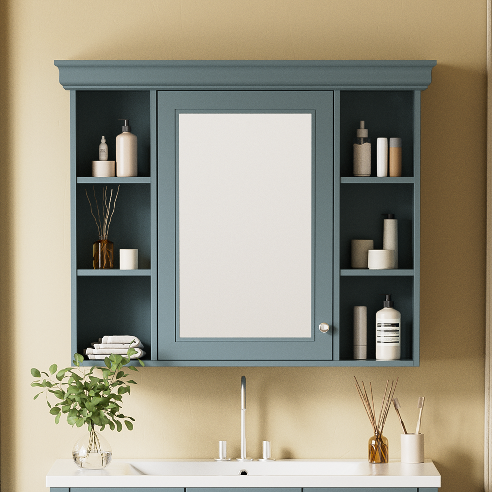 35 ''x 28' 'blue wall mounted bathroom storage cabinet with mirror door and medication cabinet with 6 open shelves eprolo