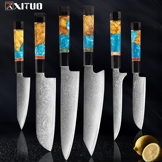 XITUO Damascus Stainless Steel Kitchen Knives Set High Quality Chef Knife Cleaver Paring Knife Stable wood&resin&horn Handle eprolo
