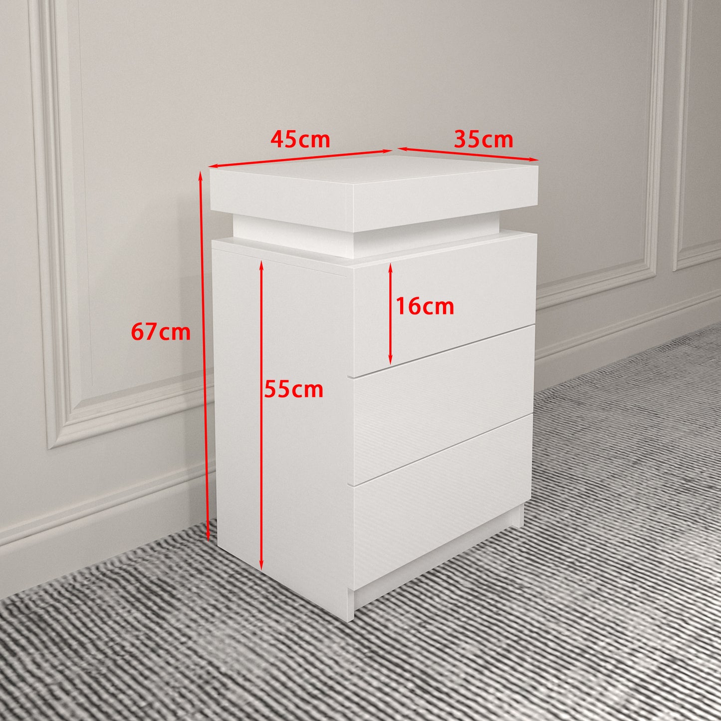LED White Nightstand With 3 Drawers, Modern Multi-Colour LED Night Table Bedside Tables for Bedroom, Living Room eprolo