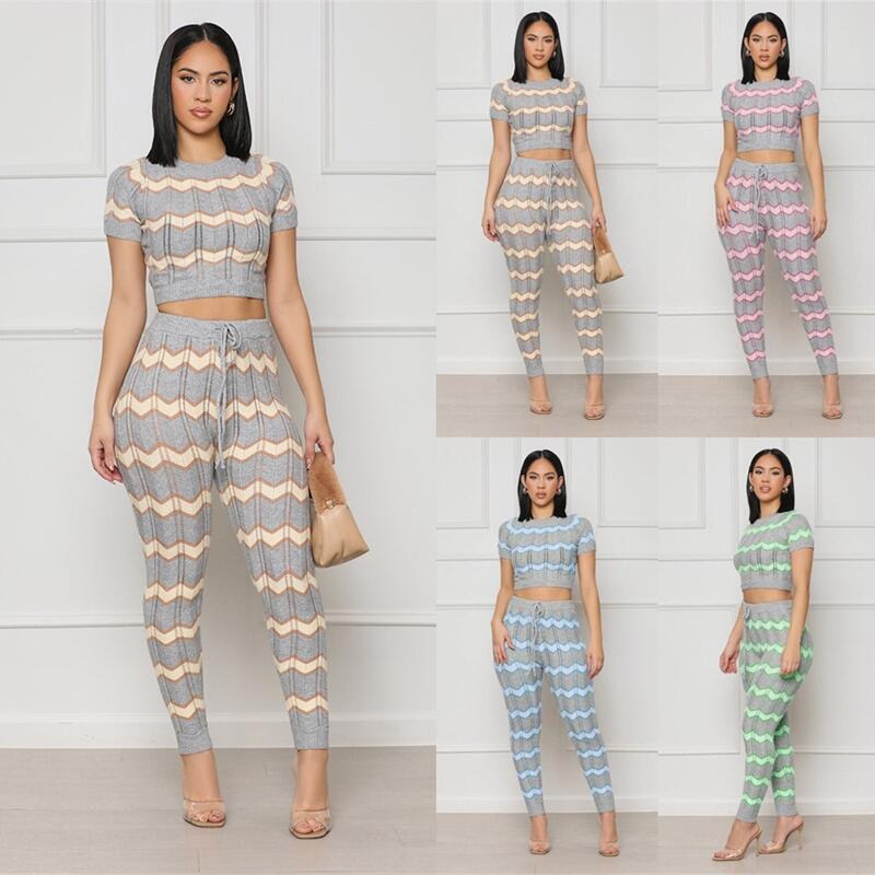 Women's Spring Color Matching Woolen Suit Wave Pattern Tight Knit Two-Piece Set eprolo