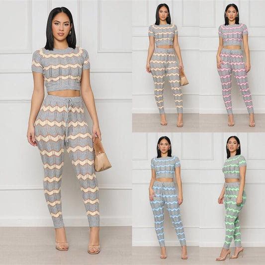 Women's Spring Color Matching Woolen Suit Wave Pattern Tight Knit Two-Piece Set eprolo