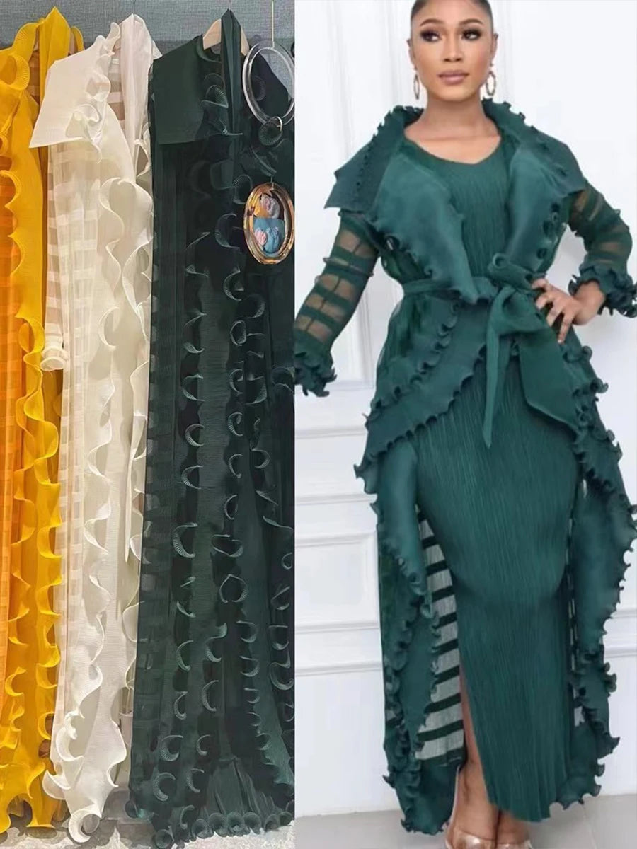 Heavy Industry Pleated Set Solid Flounced Edge Full Sleeved Sexy Evening Party Two Piece Sets for Women eprolo