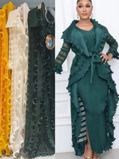 Heavy Industry Pleated Set Solid Flounced Edge Full Sleeved Sexy Evening Party Two Piece Sets for Women - Shello's Creative Boutique