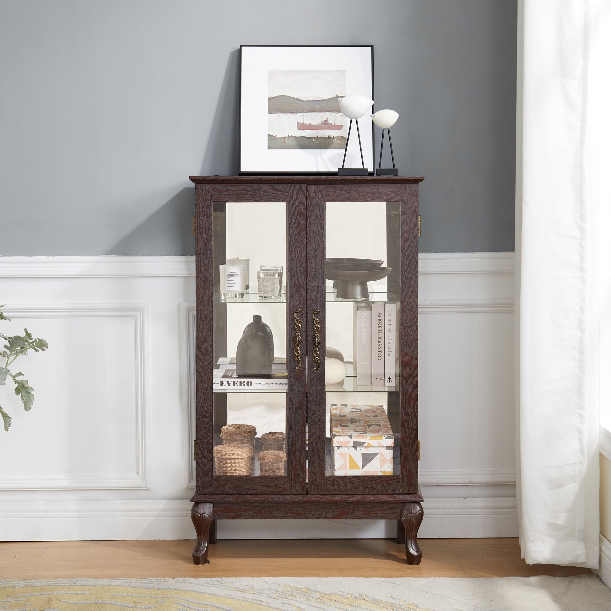 Dual door Curio cabinet with tempered glass mirror back panel and adjustable shelf display cabinet with light bulbs cherry color eprolo