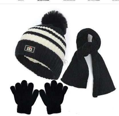 Children's hat, scarf, glove, three piece set, autumn and winter chenille plush insulation and thick knitted hat set - Shello's Creative Boutique