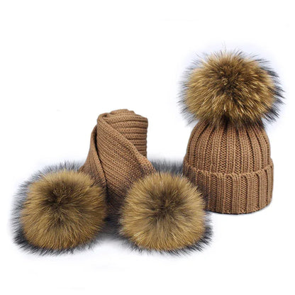 Knitted Fur Pompom Hat and Scarf Set for Children - Shello's Creative Boutique