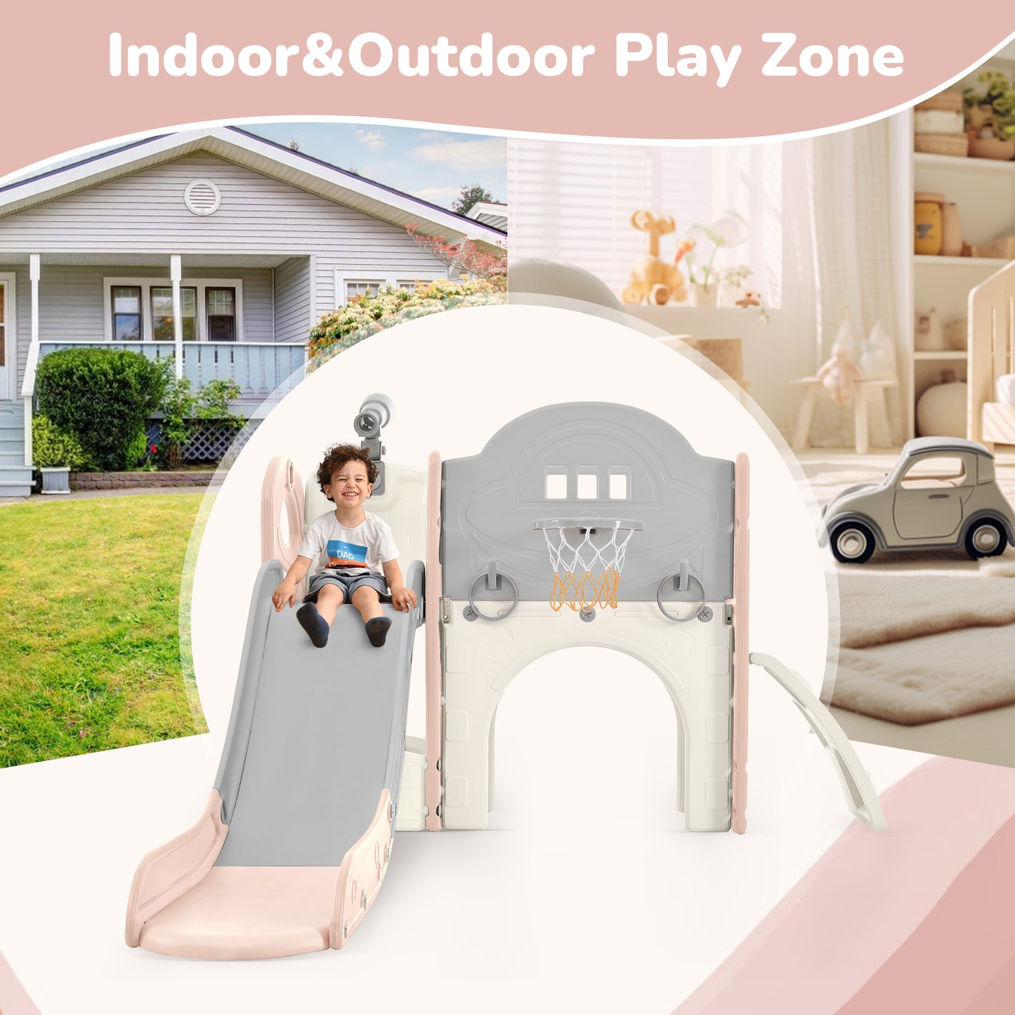 Kids Slide Playset Structure 7 in 1, Freestanding Spaceship Set with Slide, Arch Tunnel Pink+Grey + HDPE eprolo