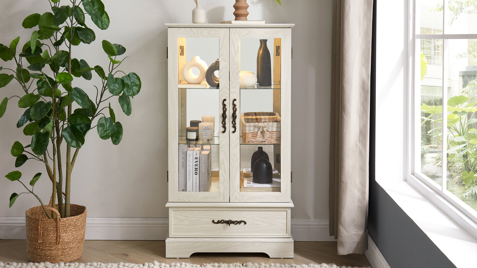 Light colored glass cabinet Curio display cabinet with adjustable glass frame, 2 doors and 1 drawer, including white light bulbs eprolo
