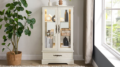Light colored glass cabinet Curio display cabinet with adjustable glass frame, 2 doors and 1 drawer, including white light bulbs eprolo