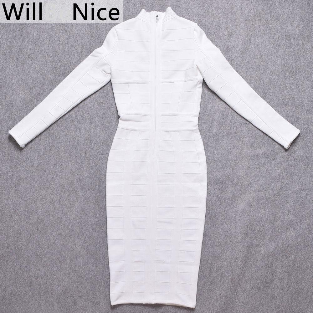 White Hollow Out Bandage Midi Dress - Long Sleeve Bodycon - Shello's Creative Boutique