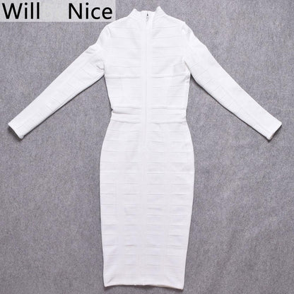 White Hollow Out Bandage Midi Dress - Long Sleeve Bodycon - Shello's Creative Boutique