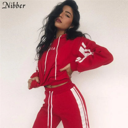 Nibbe spring Autumn fashion women Sportswear 2 piece set women White Red Active Wear Casual Sweat Pants Hooded Sweatshirt Hoodie - Shello's Creative Boutique