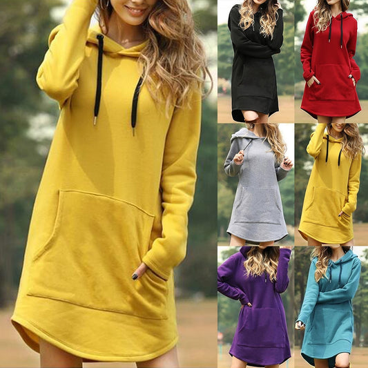 Vintage Women Spring Dress Hooded Long Sleeve Loose Casual 3XL Plus Size Dress Retro Ladies Pocket Tube Midi Dresses eprolo
