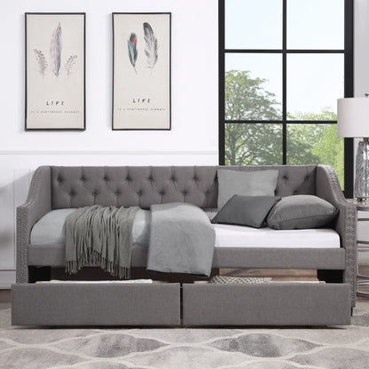 Upholstered Twin Size daybed with Two Drawers Wood Slat Support Gray - Shello's Creative Boutique