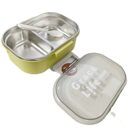 Korean style simple stainless steel two compartment lunch box with cutlery - Shello's Creative Boutique