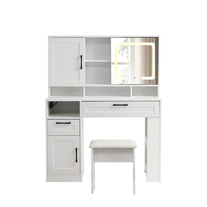 Vanity table with large sliding lighted mirror dressing table with 2 drawers storage shelves and upholstered stool - Shello's Creative Boutique