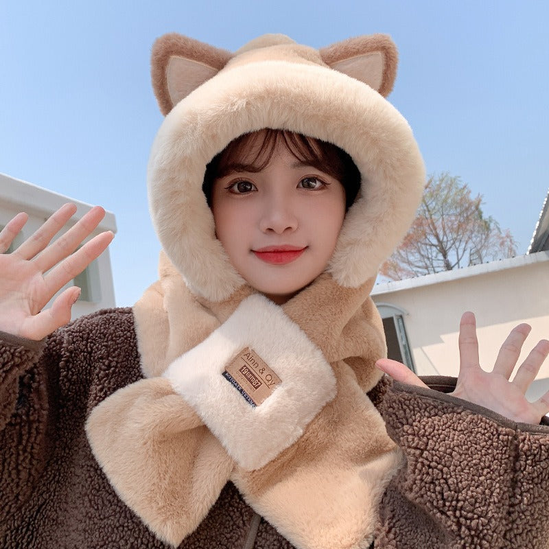 Adorable Bear Lei Feng Hat & Scarf Set - Rabbit Hair Winter One-Piece for Women
