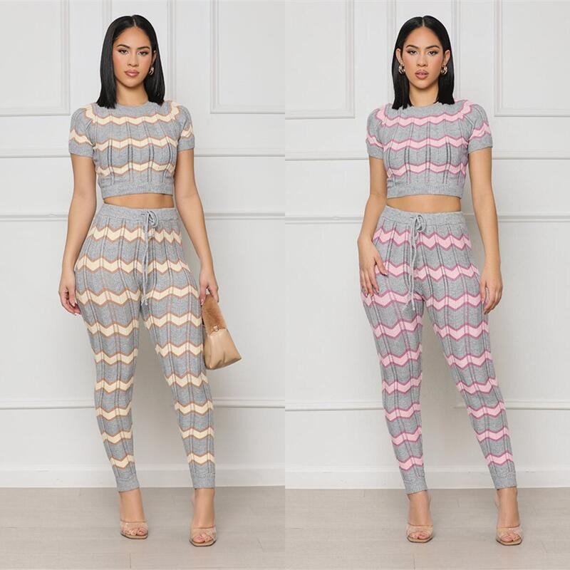 Women's Spring Color Matching Woolen Suit Wave Pattern Tight Knit Two-Piece Set eprolo