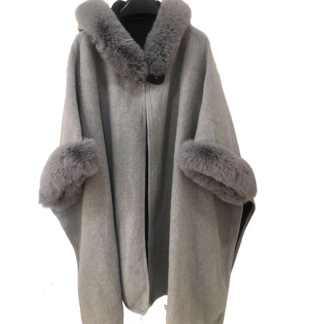 Imitation otter rabbit fur collar hooded shawl cape plus size woolen coat loose cardigan for women eprolo