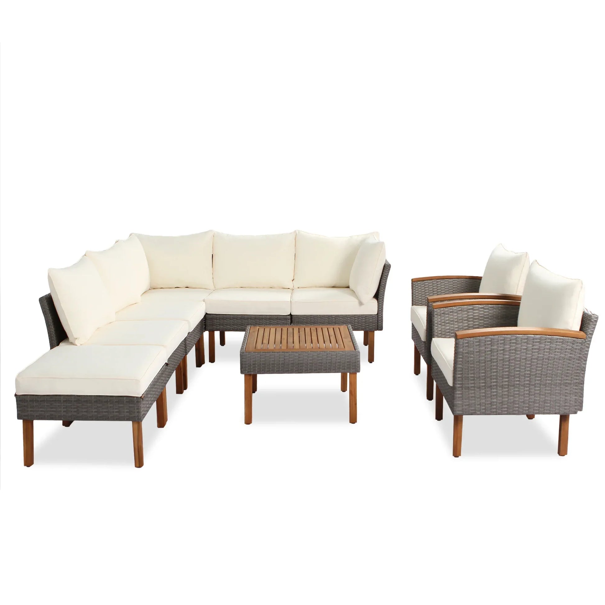 9-piece Patio rattan furniture set with Acacia wooden legs and tabletop sofa set, coffee table washable cushion beige - Shello's Creative Boutique
