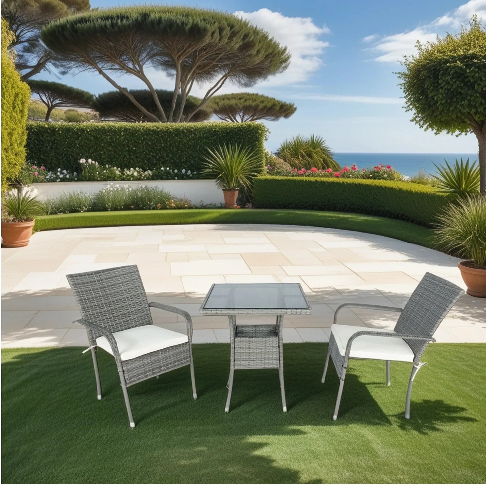 3 Piece Patio Wicker Conversation Set Grey Wicker + white Cushion - Shello's Creative Boutique