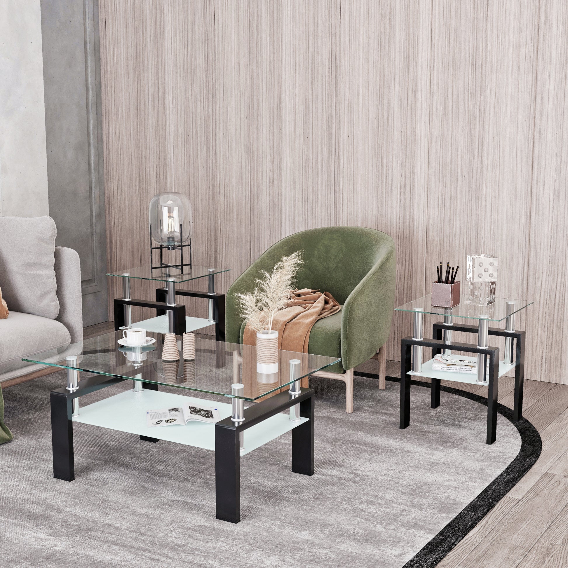 Set of 2, Modern Tempered Glass Tea Table Coffee Table End Table, Square Table for Living Room, Transparent/Black eprolo