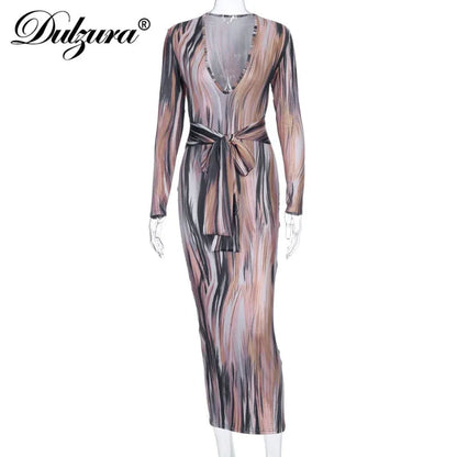 Tie Dye Print Bodycon Midi Dress - Long Sleeve Bandage Dress - Shello's Creative Boutique
