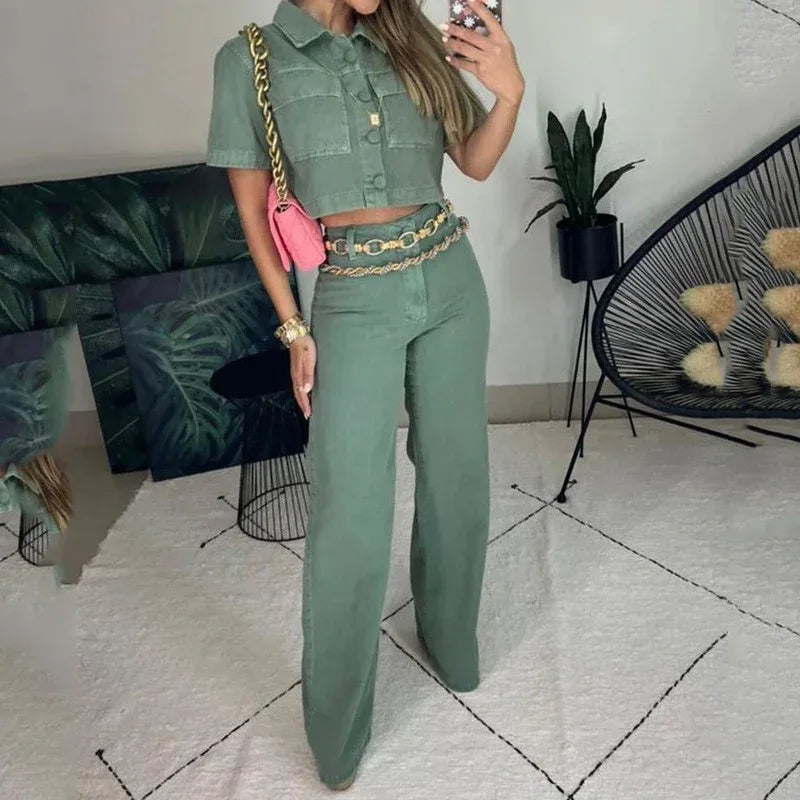 European and American womens clothing set Fashion lapel sleeveless top Loose pants Solid color set - Shello's Creative Boutique
