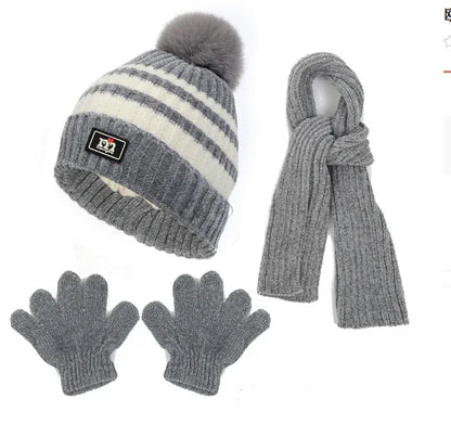 Children's hat, scarf, glove, three piece set, autumn and winter chenille plush insulation and thick knitted hat set - Shello's Creative Boutique