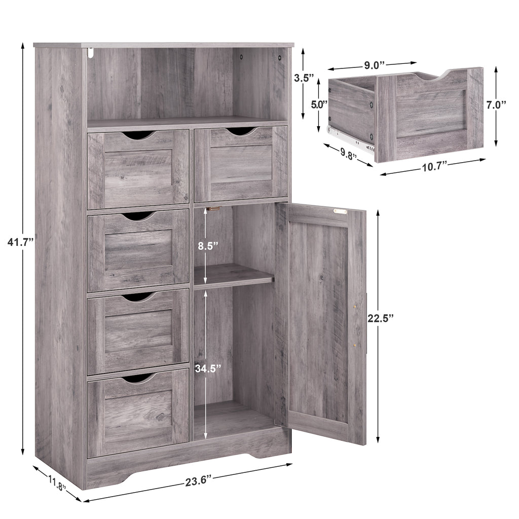 5 Drawers Storage Cabinet with Adjustable Shelves, Bathroom Cabinet with Doors, Floor Cabinet for Living Room Grey eprolo