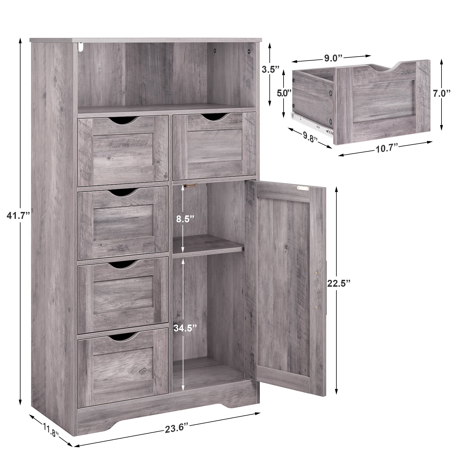 5 Drawers Storage Cabinet with Adjustable Shelves, Bathroom Cabinet with Doors, Floor Cabinet for Living Room Grey eprolo