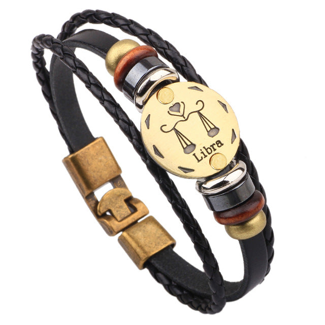 12 Horoscope Leather Bracelet Men Jewelry Vintage Retro Charm Bracelet Male Jewelry 8.2 eprolo