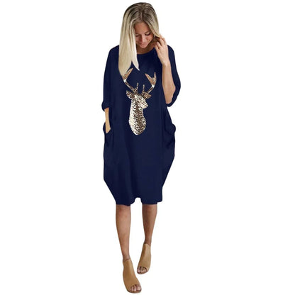 Women's Christmas Moose Print Dress - Long Sleeve Knee-Length (S-5XL) - Shello's Creative Boutique