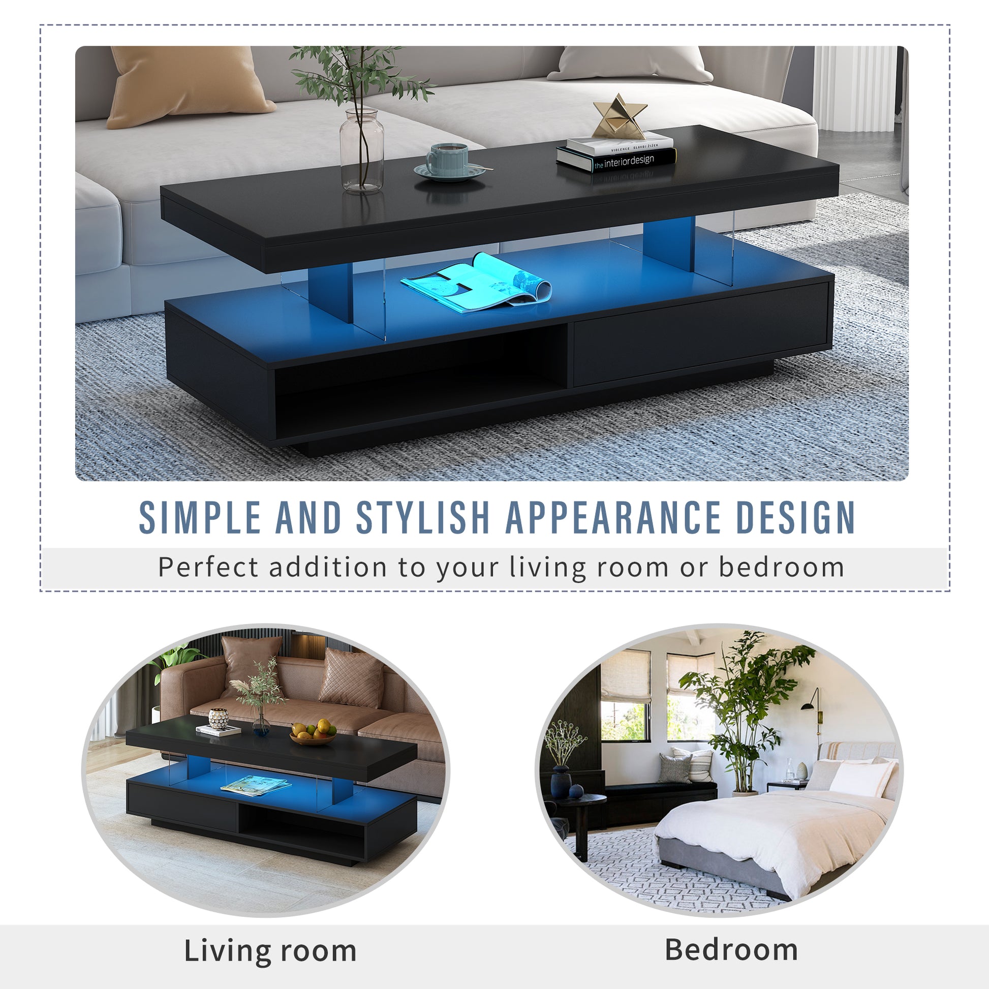 U-Can LED coffee table with storage space, modern central table with 2 drawers and display rack, equipped with LED lights, black eprolo