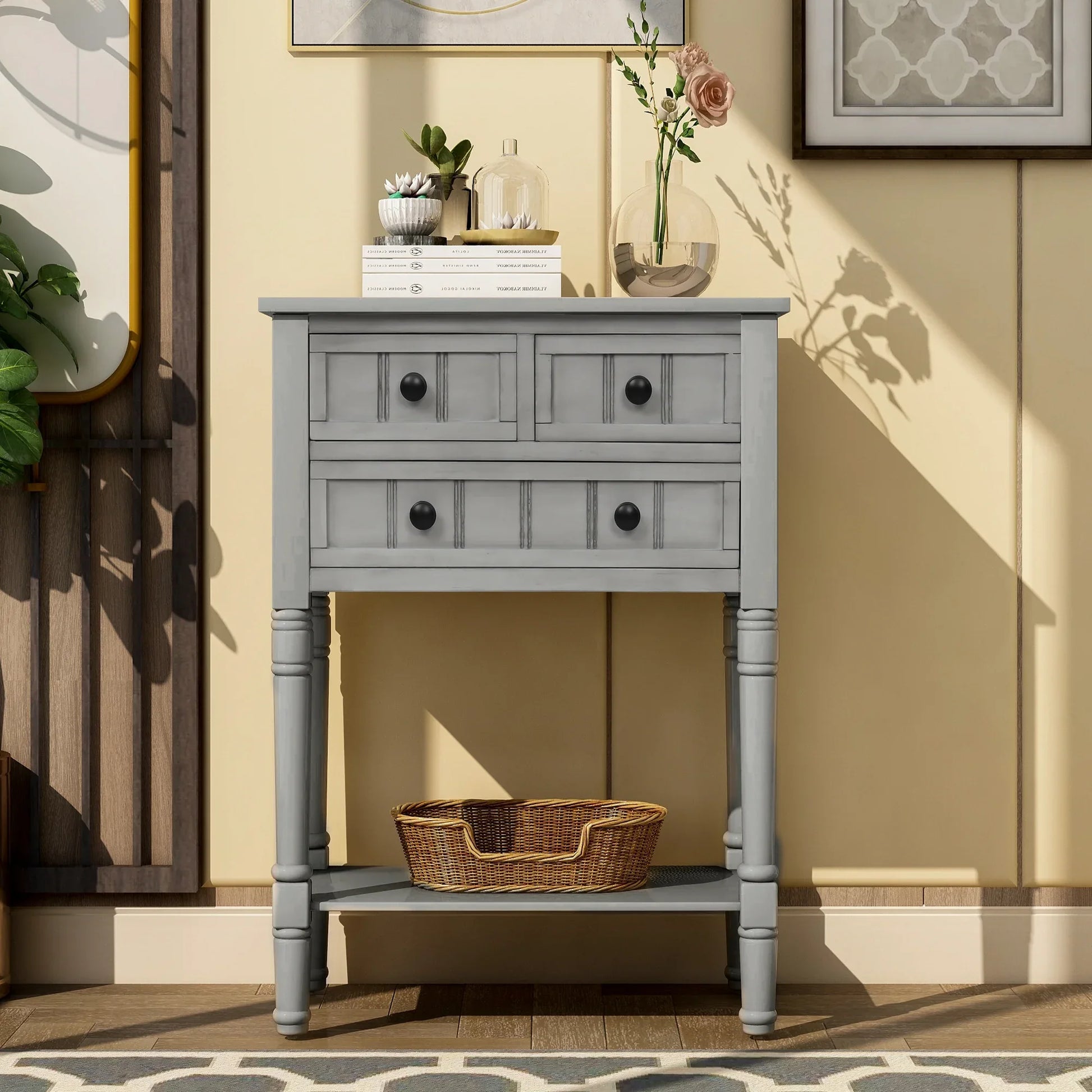 TREXM Narrow Console Desk, Thin Sofa Table with Three Storage Drawers and Living Room Bottom Shelves (Grey Washed) - Shello's Creative Boutique