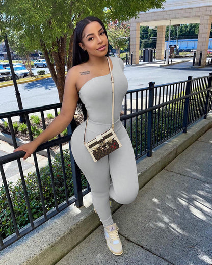 Women Spring Solid Color Long Sleeve One Shoulder Two Piece Set Solid Color Suit eprolo