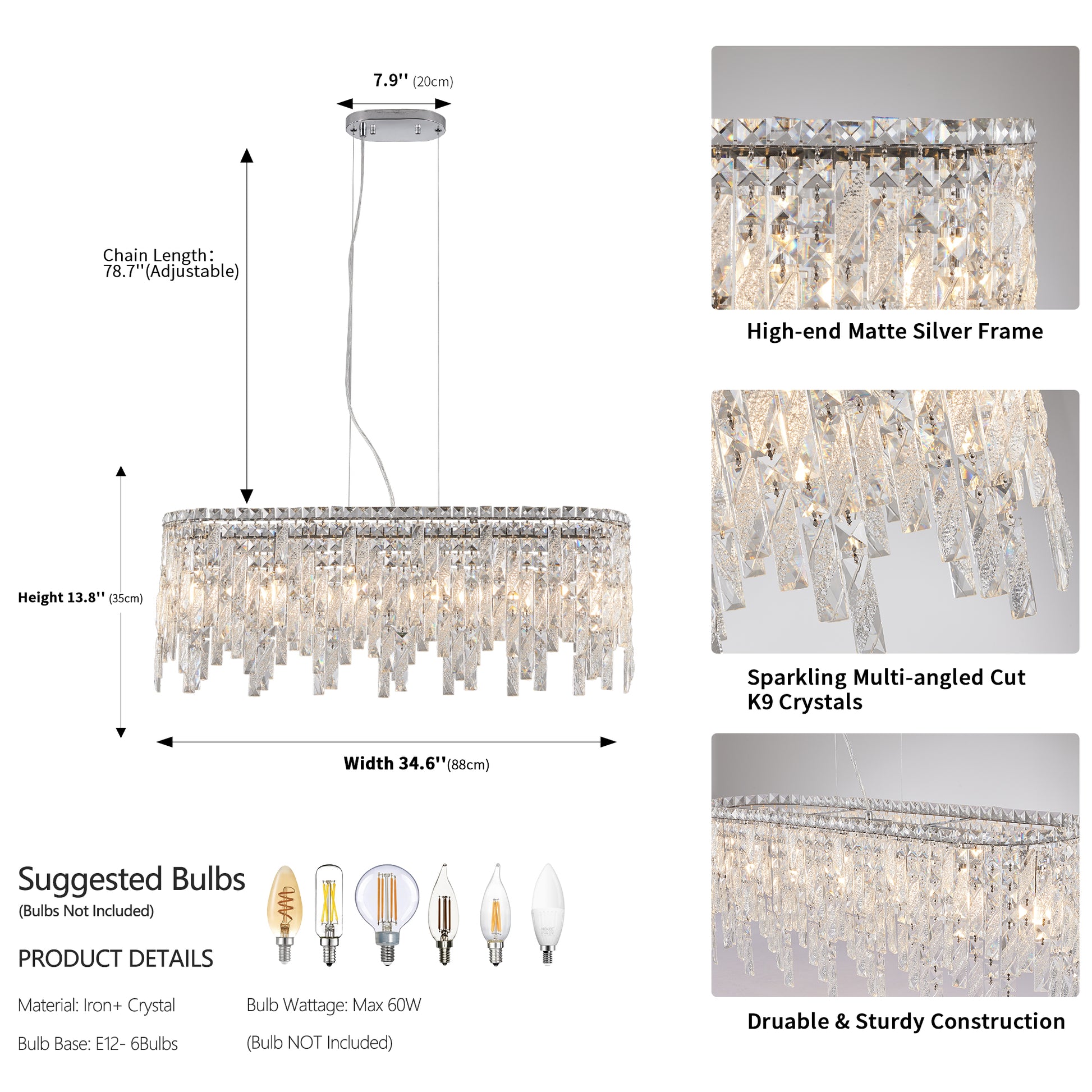 Silver elegant oval crystal pendant light, modern ceiling fixture with reflective suspended crystal (bulb not included) eprolo