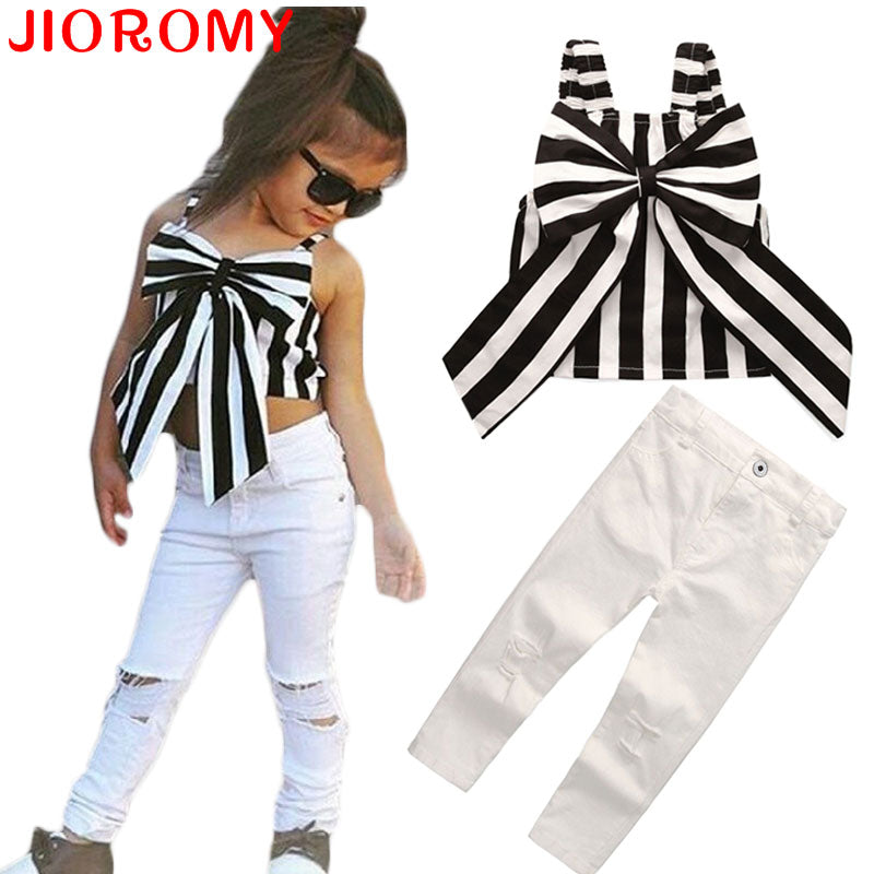 Set Tops and Pants 2 Pieces Summer Stripes Ribbon Short Sling Fashion Hole Pants European Style Children's Suits eprolo