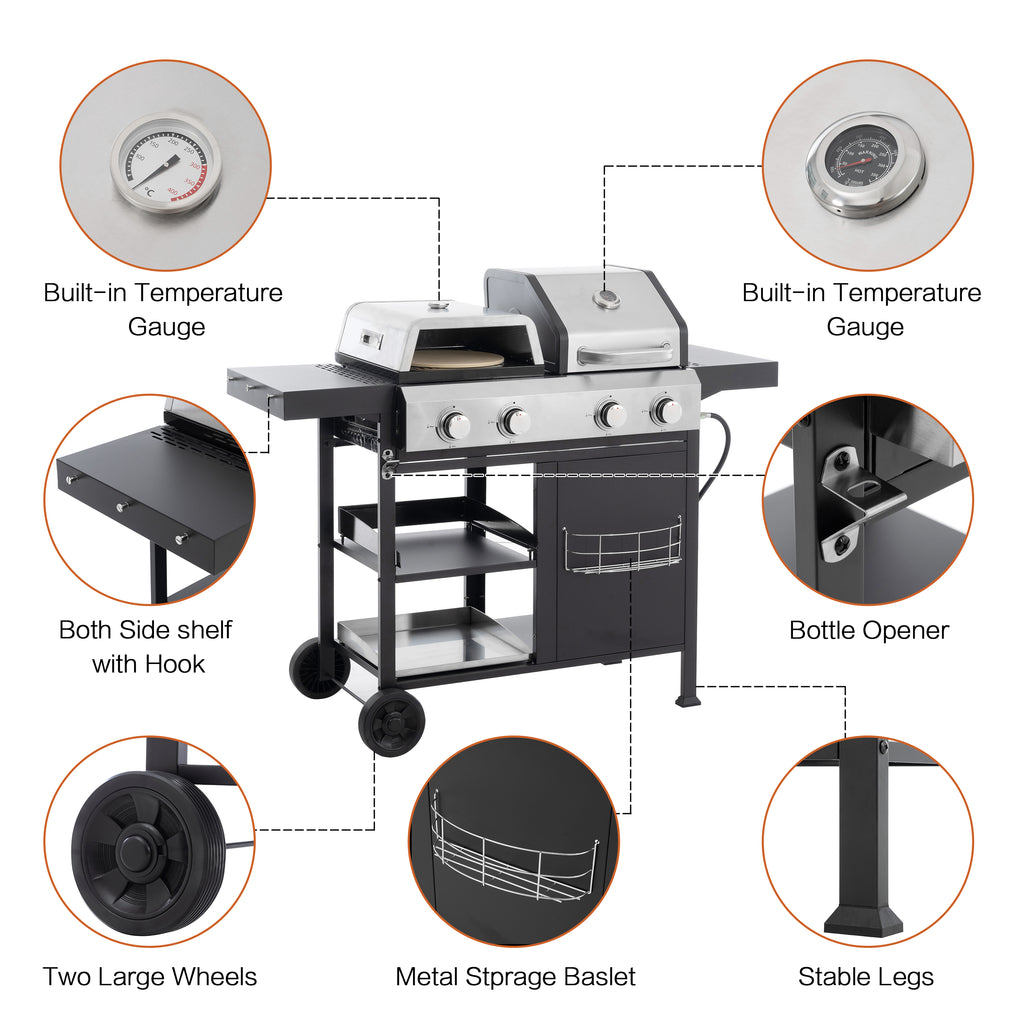 2+2 multifunctional gas barbecue grill and covered grill combination for outdoor cooking - barbecue, barbecue, pizza. eprolo