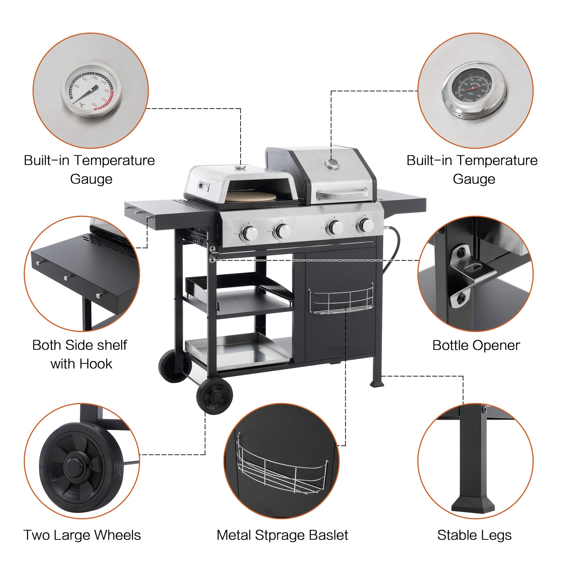 2+2 multifunctional gas barbecue grill and covered grill combination for outdoor cooking - barbecue, barbecue, pizza. eprolo