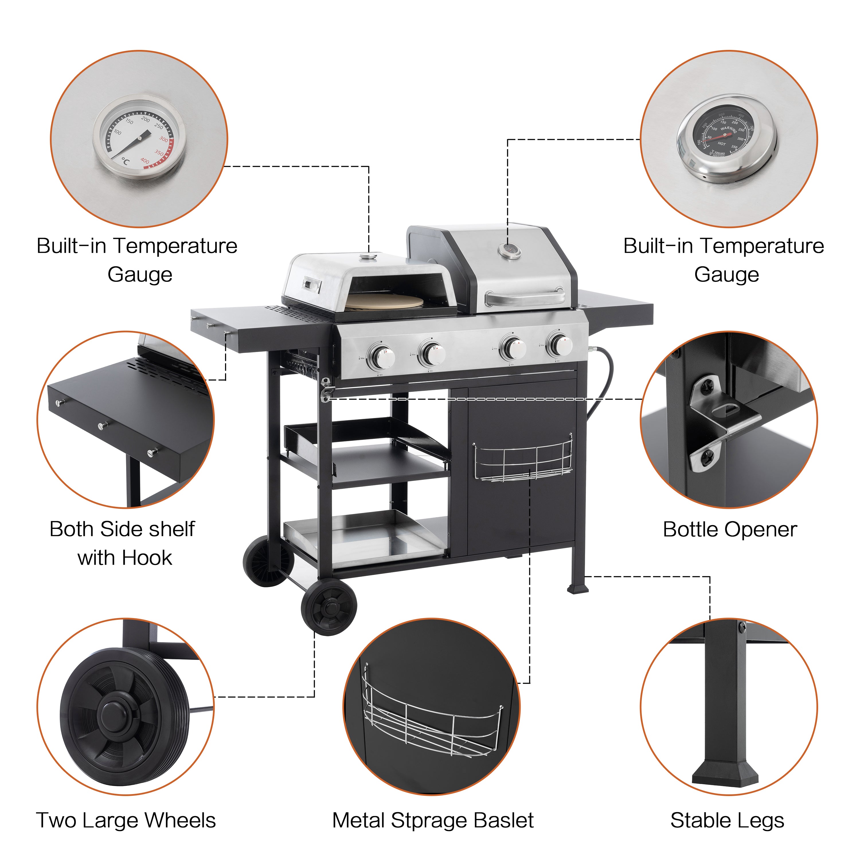 2+2 multifunctional gas barbecue grill and covered grill combination for outdoor cooking - barbecue, barbecue, pizza. eprolo