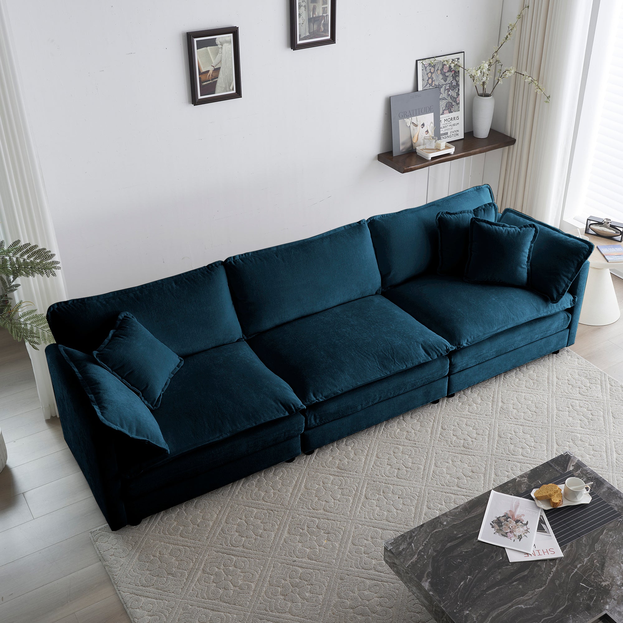 Mid-Century Modern Couch 3-Seater Sofa with 2 Armrest Pillows and 3 Toss Pillows, Couch for Living Room Blue Chenille Shello Creative Boutique