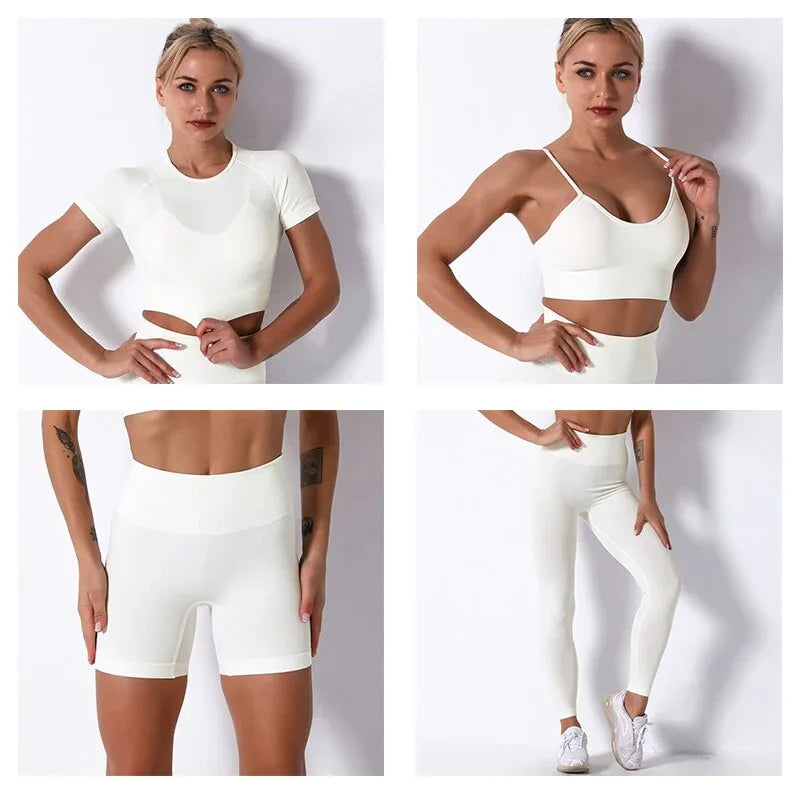 2Pcs/3Pcs/4Pcs Yoga Set Women Clotching Fitness Sportswear Seamless High Waist Leggings Shorts Shirt Crop Top Sport Bra - Shello's Creative Boutique