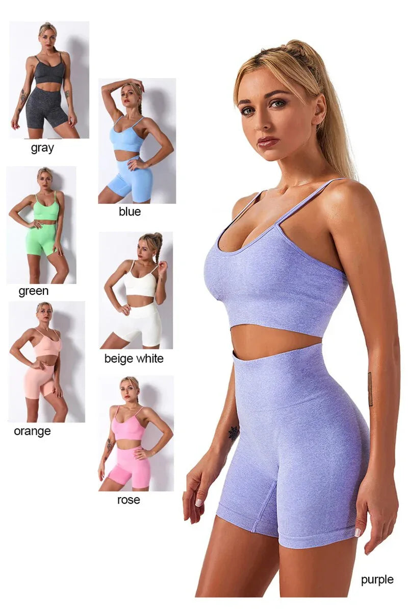 2Pcs/3Pcs/4Pcs Yoga Set Women Clotching Fitness Sportswear Seamless High Waist Leggings Shorts Shirt Crop Top Sport Bra - Shello's Creative Boutique