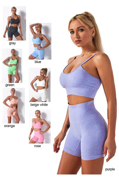 2Pcs/3Pcs/4Pcs Yoga Set Women Clotching Fitness Sportswear Seamless High Waist Leggings Shorts Shirt Crop Top Sport Bra - Shello's Creative Boutique