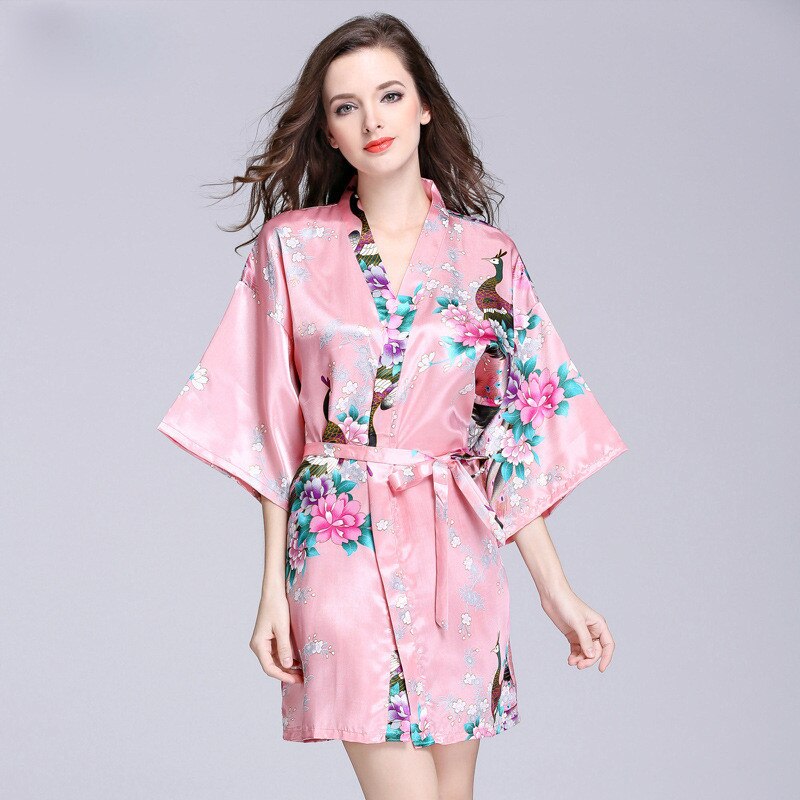 Women Faux Silk Robe Satin Wedding Bride Robe Large Size Sexy Floral Bathrobe Short Nightwear Women Pajamas Kimono eprolo