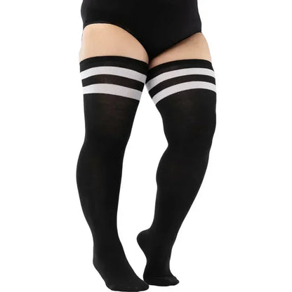 Plus Size Thigh High Socks - Striped Black Stockings (Up to 5XL) - Shello's Creative Boutique