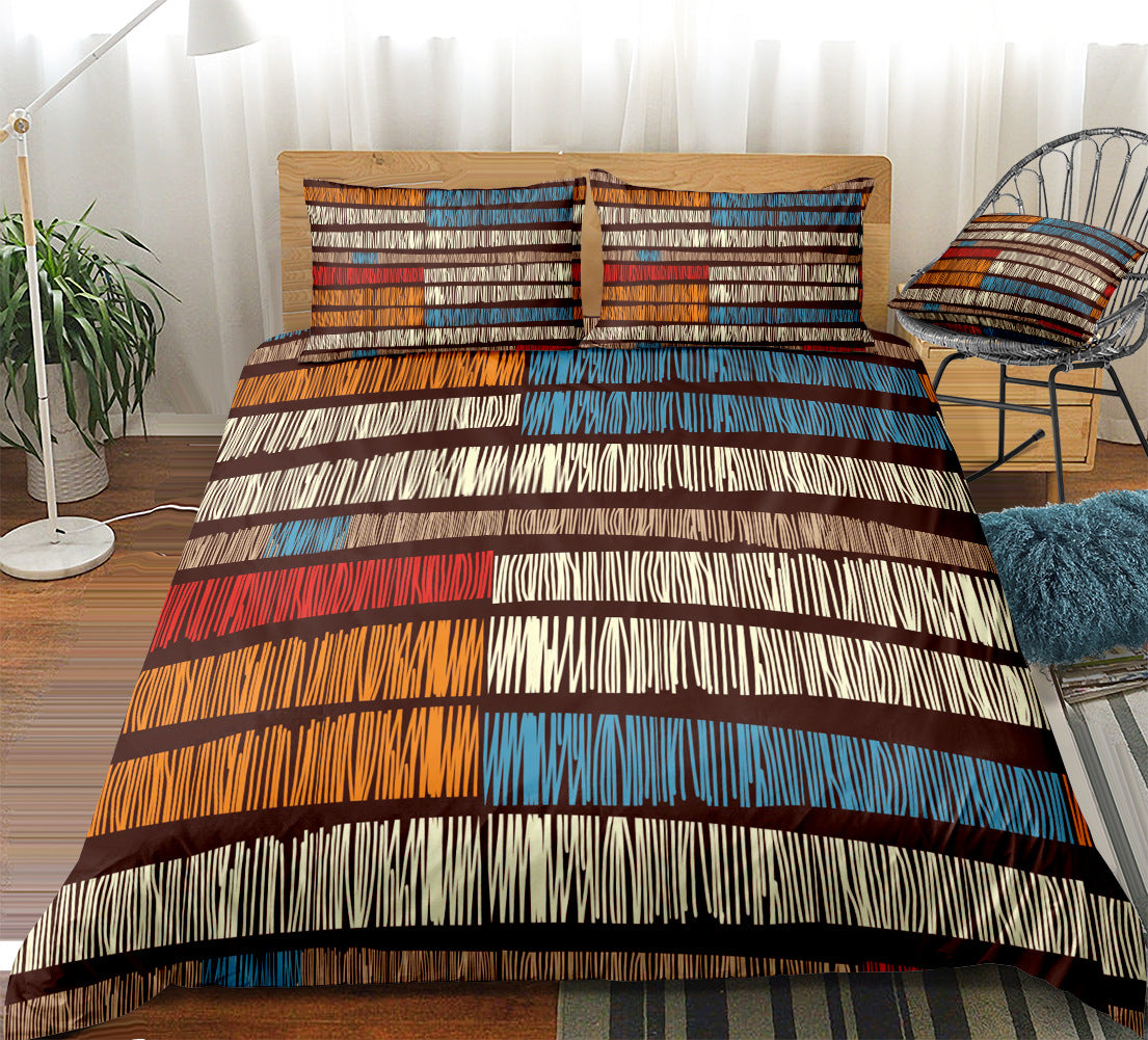 A bed with the Bohemian Plaid Bedding Set—3 Piece Duvet & Pillow Covers—features two pillows with colorful horizontal stripes in brown, orange, blue, red, and cream. The room has a wooden floor, a chair, white curtains, and a green potted plant.