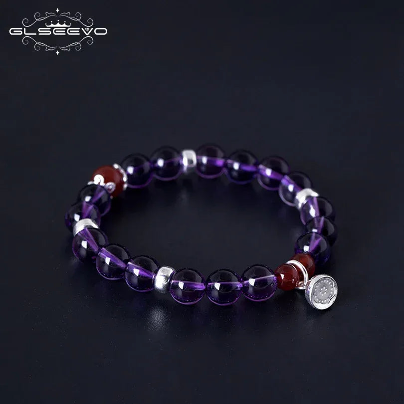 GLSEEVO 925 Sterling Silver Women Bracelet Natural Stone Amethyst Agate Gift Adjustable Bracelets Luxury Fine Jewellery GB0070 - Shello's Creative Boutique